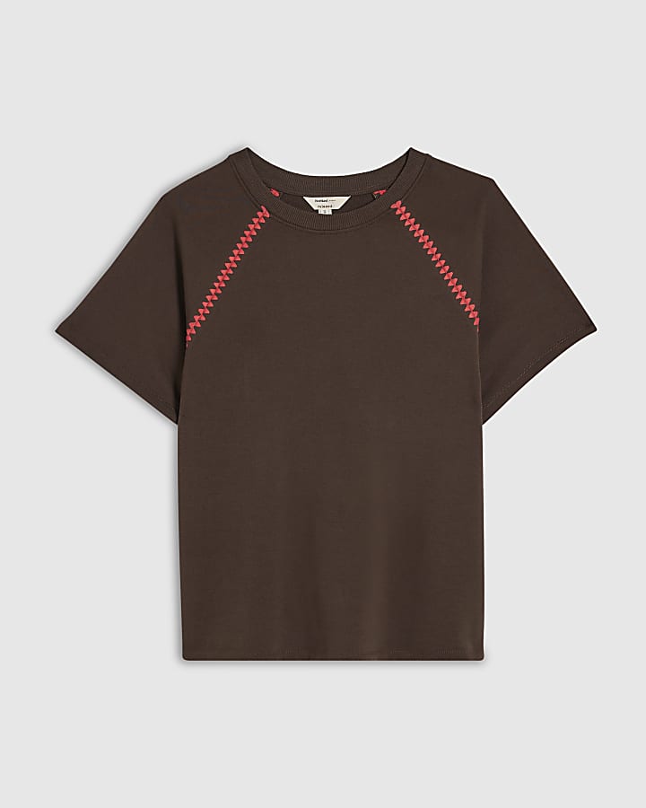 Brown Cotton Blend Whipstitch Trim T-shirt