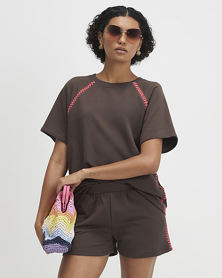 Brown Cotton Blend Whipstitch Trim T-shirt