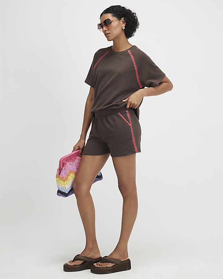 Brown Cotton Blend Whipstitch Trim T-shirt