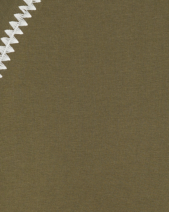 Khaki Cotton Blend Whipstitch Trim T-shirt