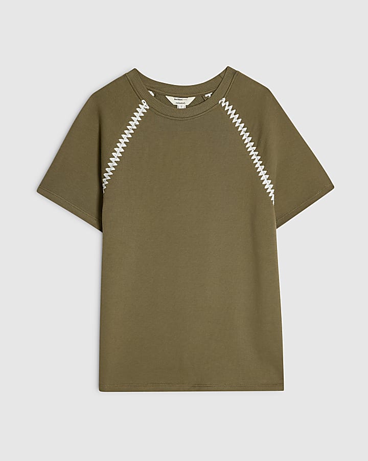 Khaki Cotton Blend Whipstitch Trim T-shirt