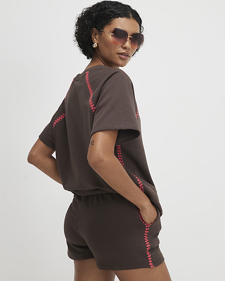 Brown Cotton Blend Whipstitch Trim Shorts