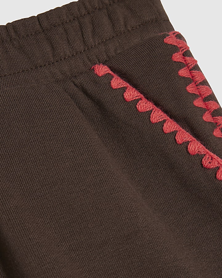 Brown Cotton Blend Whipstitch Trim Shorts