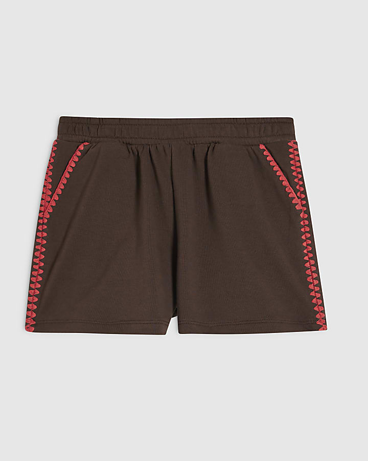 Brown Cotton Blend Whipstitch Trim Shorts