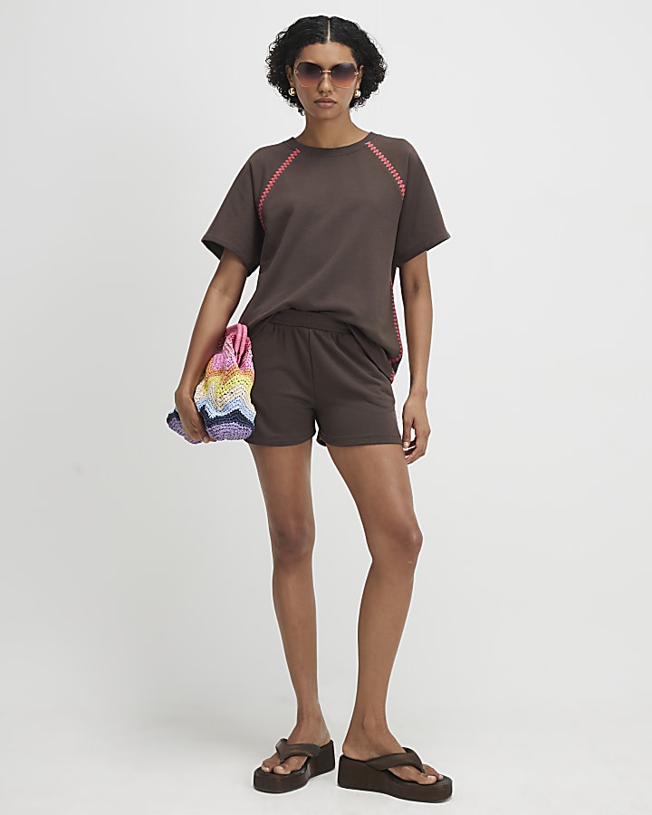 Brown Cotton Blend Whipstitch Trim Shorts