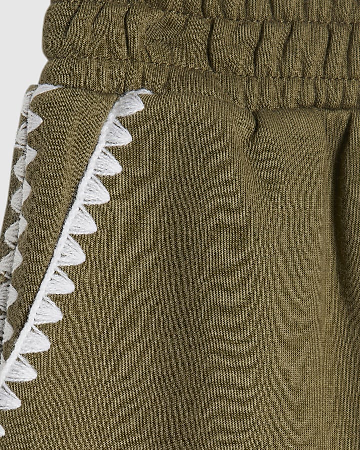 Khaki Cotton Blend Whipstitch Trim Shorts