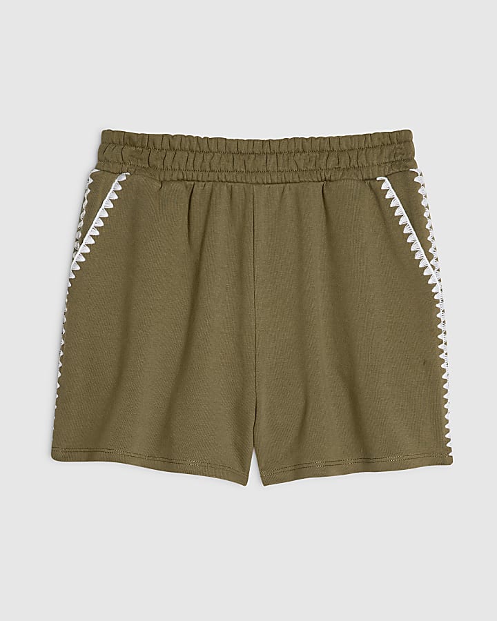 Khaki Cotton Blend Whipstitch Trim Shorts
