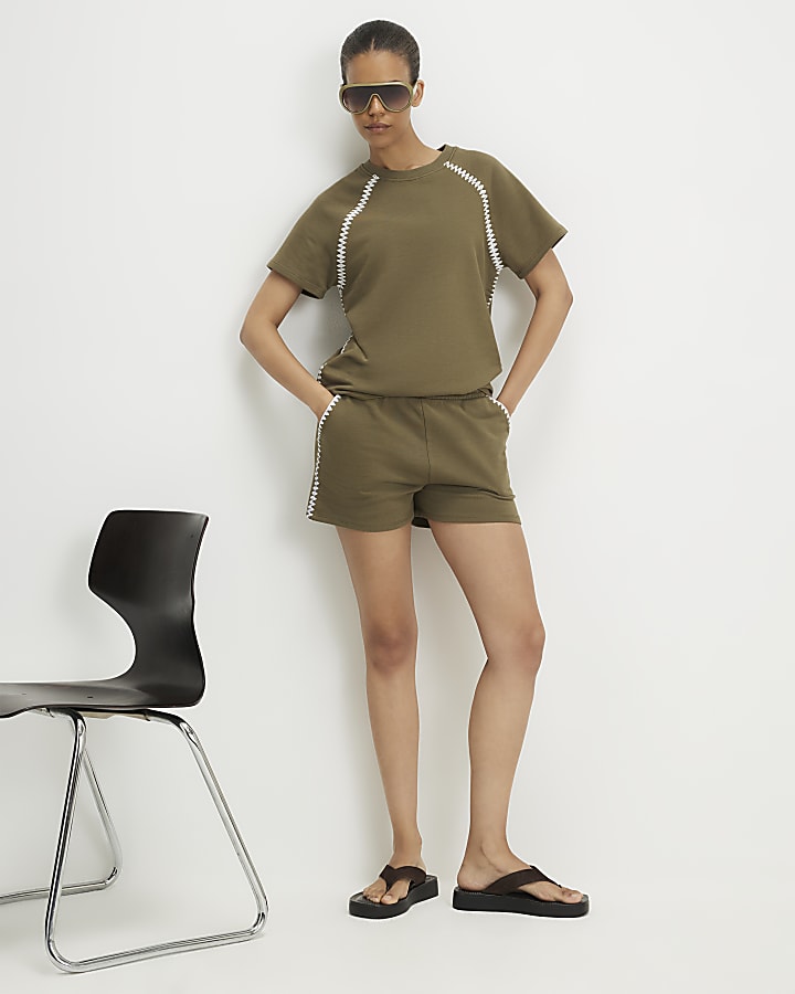 Khaki Cotton Blend Whipstitch Trim Shorts