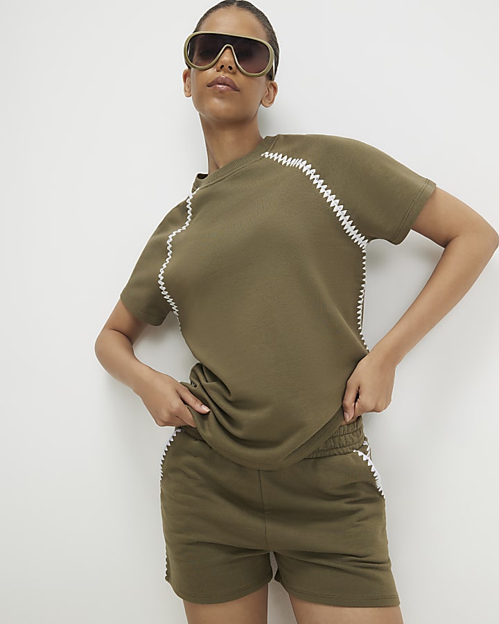 Khaki Cotton Blend Whipstitch Trim Shorts