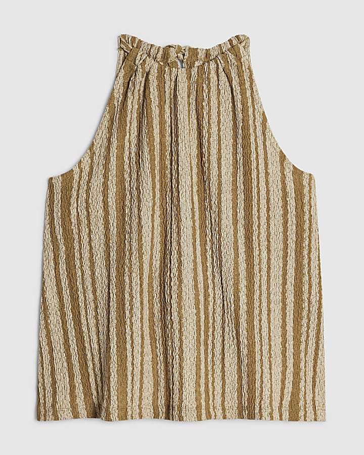 Petite Green Stripe Textured Halter Top
