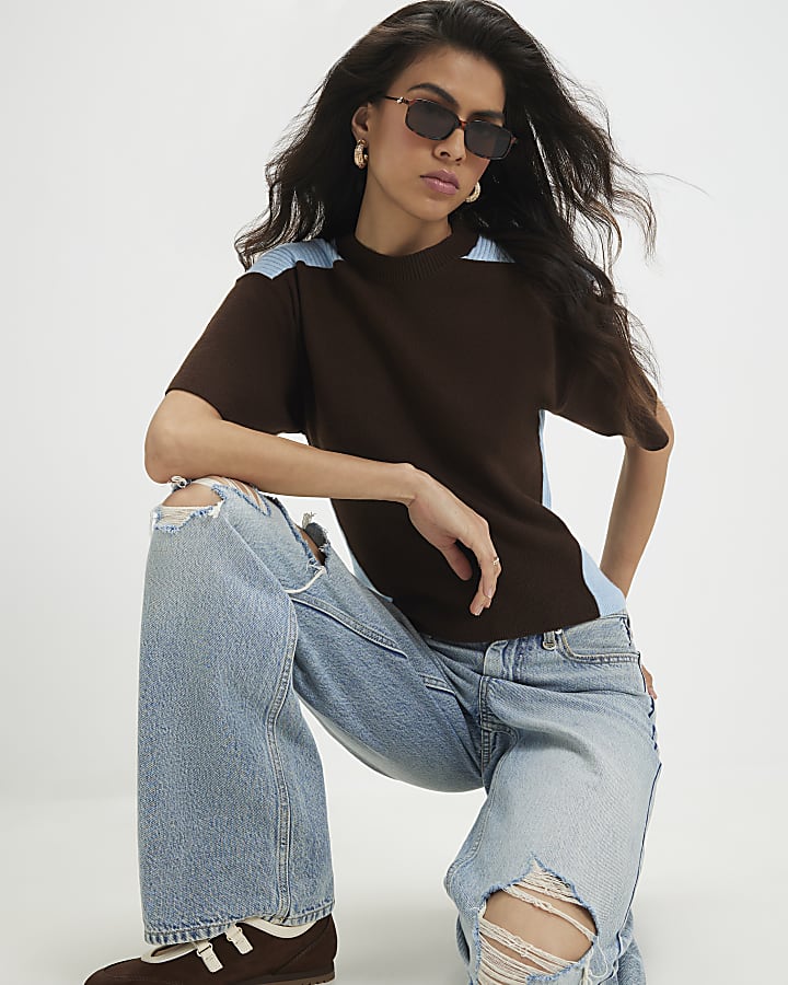 Brown Knitted Short Sleeve Top