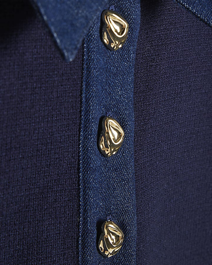 Navy Denim Knit Hybrid Tank Polo Top