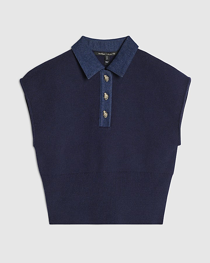 Navy Denim Knit Hybrid Tank Polo Top