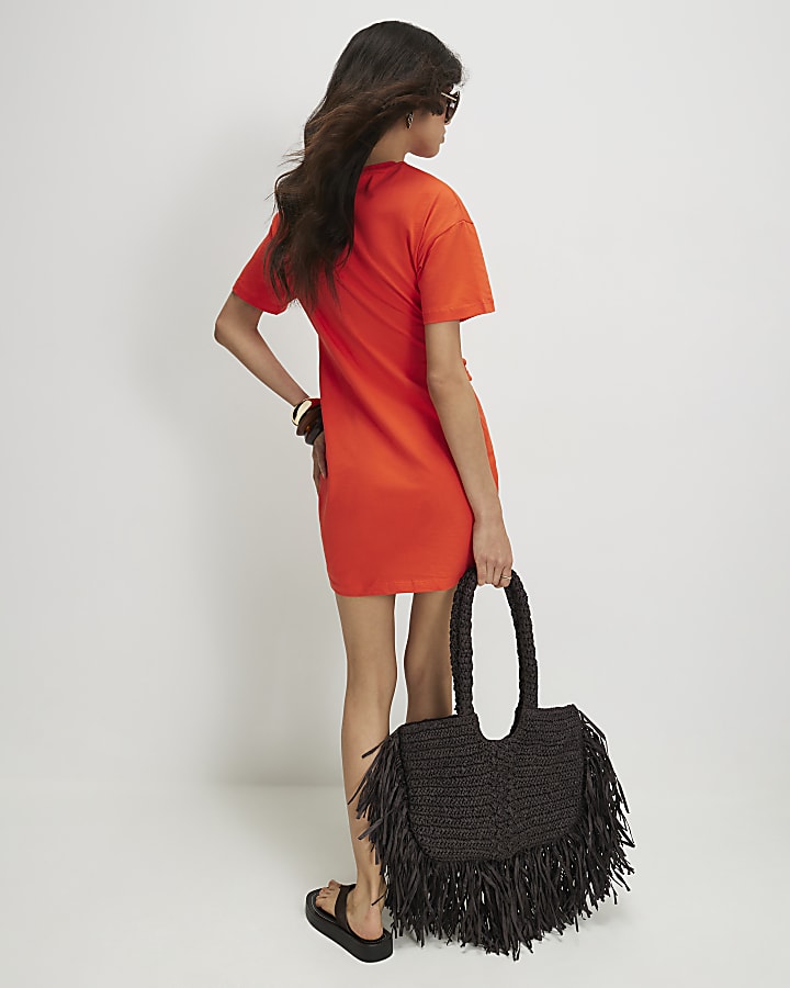 Orange Cotton Twist Tuck Side Mini Dress