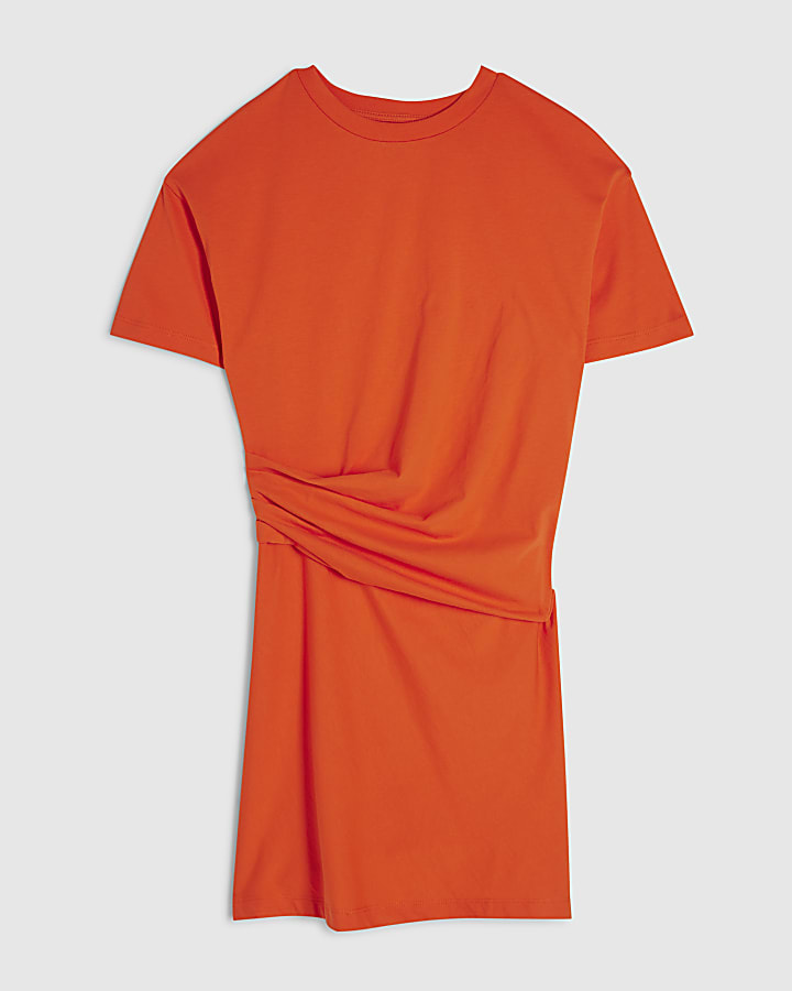 Orange Cotton Twist Tuck Side Mini Dress