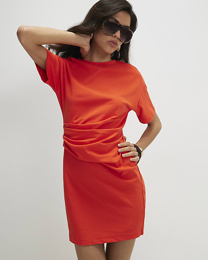 Orange Cotton Twist Tuck Side Mini Dress