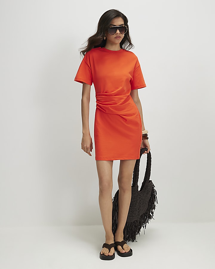 Orange Cotton Twist Tuck Side Mini Dress
