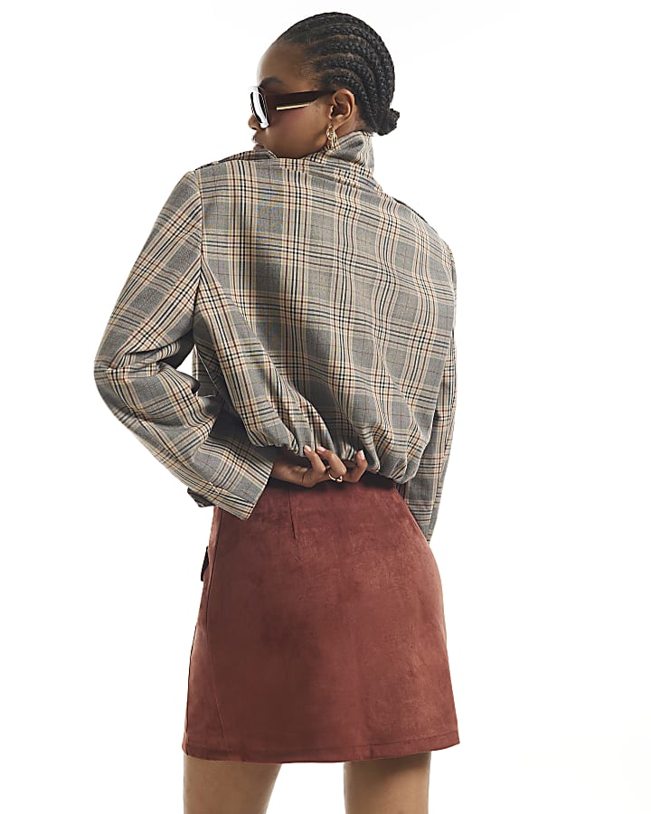 Brown Faux Suede Pocket Detail Mini Skirt