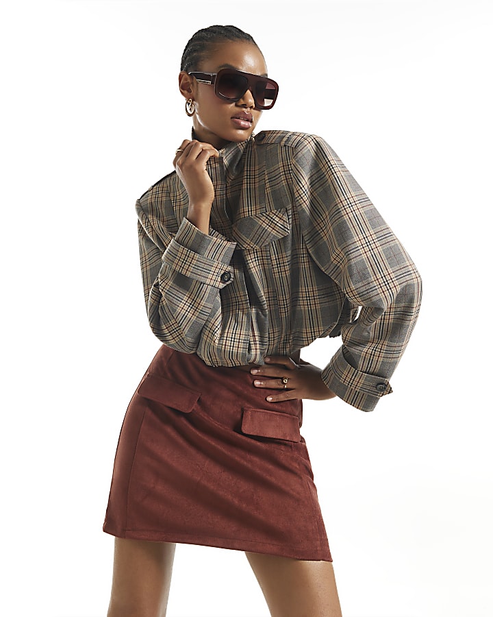 Brown Faux Suede Pocket Detail Mini Skirt