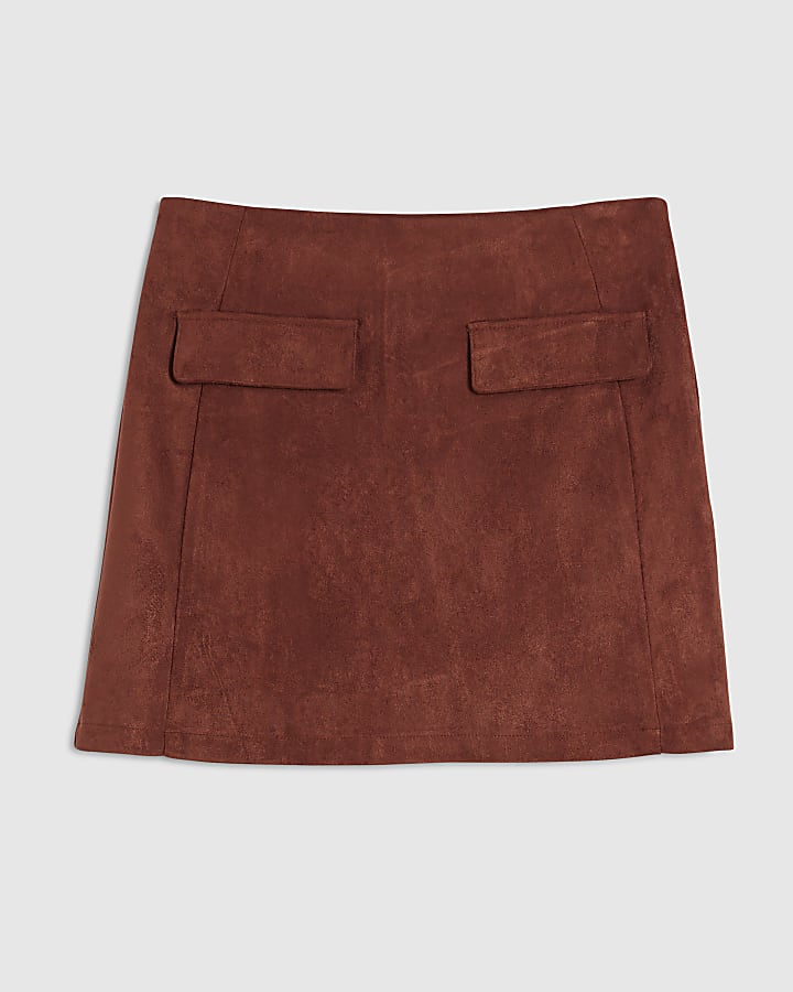 Petite Brown Faux Suede Pocket Skirt