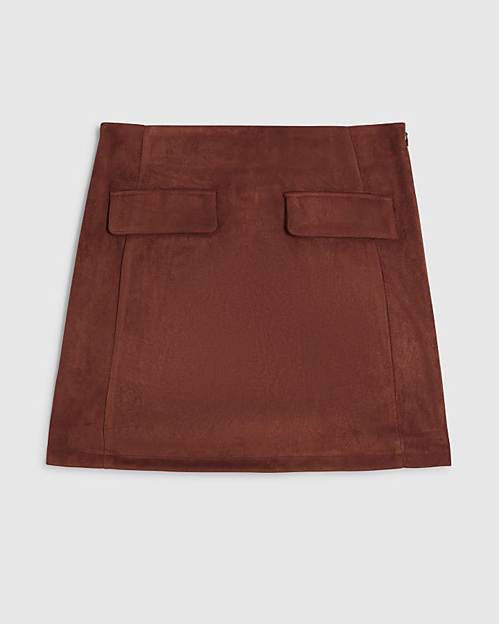 Petite Brown Faux Suede Pocket Skirt