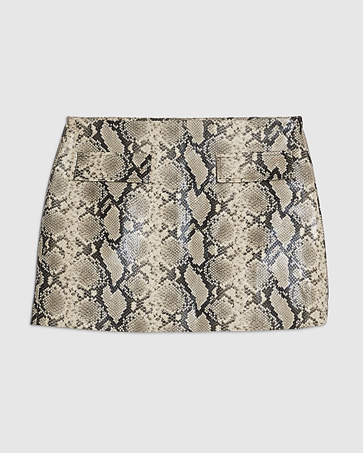 Beige Snake Print Faux Leather Mini Skirt