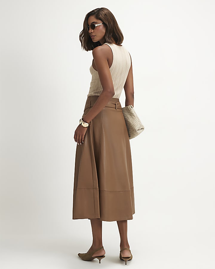 Brown Faux Leather Belted Utility Midi Skirt