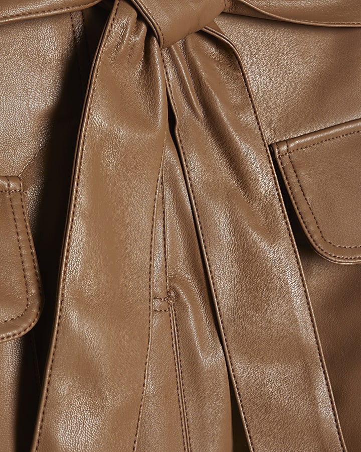 Brown Faux Leather Belted Utility Midi Skirt