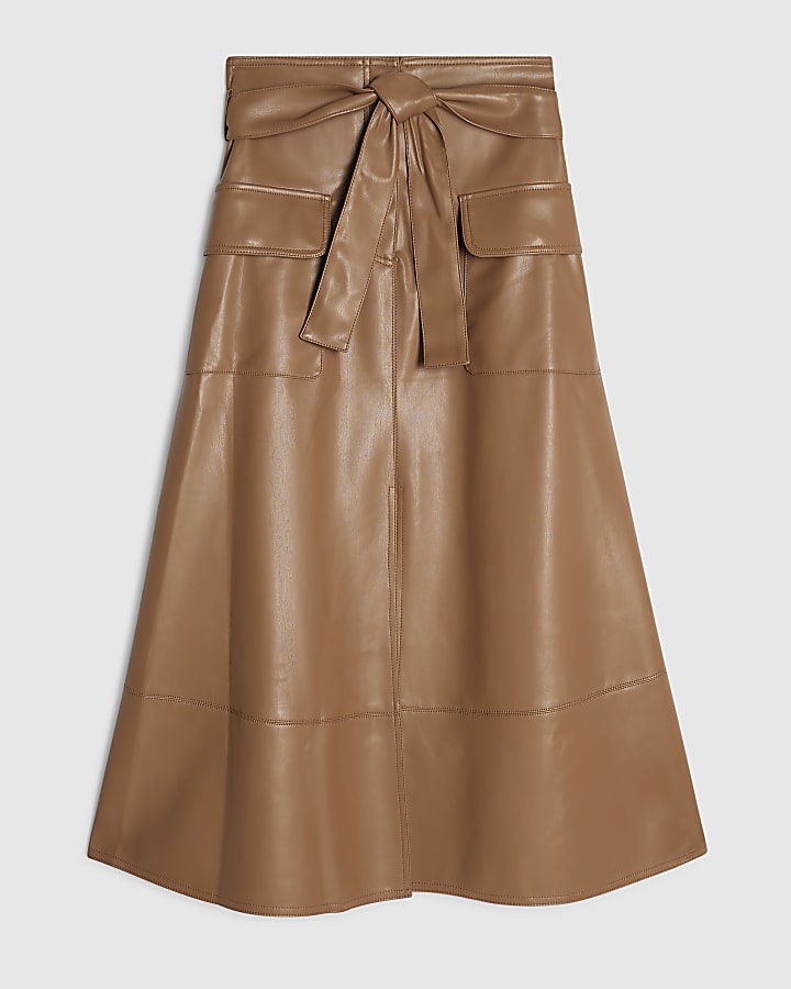 Brown Faux Leather Belted Utility Midi Skirt