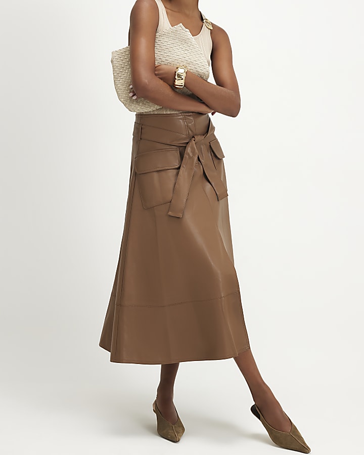 Brown Faux Leather Belted Utility Midi Skirt