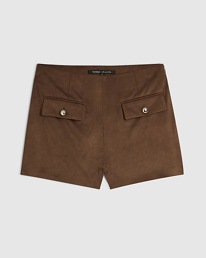 Brown Faux Suede Patch Pocket Hotpant Shorts