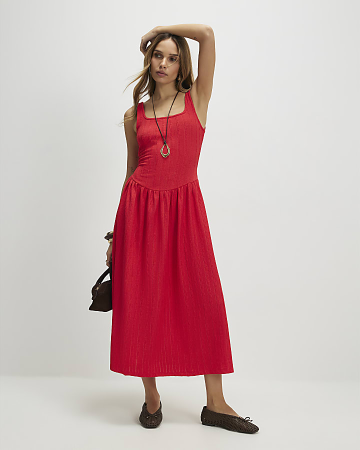 Red Textured Midi Dress