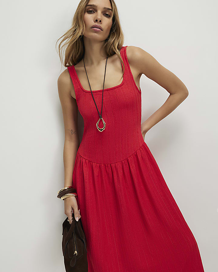 Red Textured Midi Dress