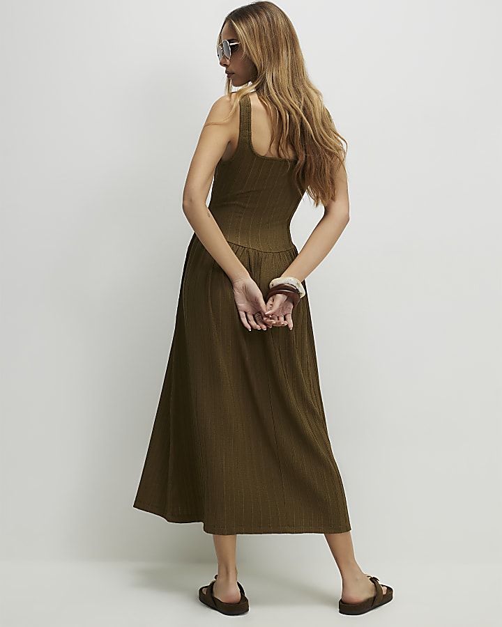 Khaki Textured Midi Dress