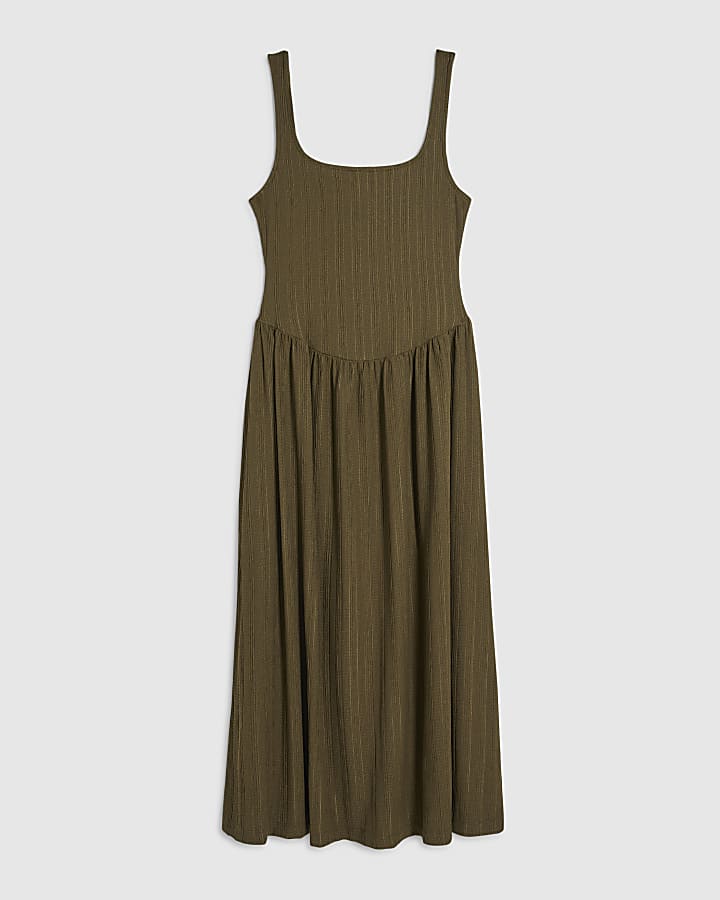 Khaki Textured Midi Dress