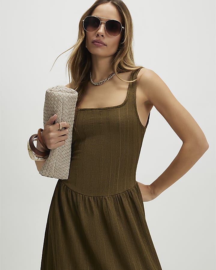 Khaki Textured Midi Dress