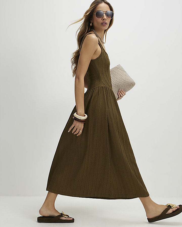 Khaki Textured Midi Dress