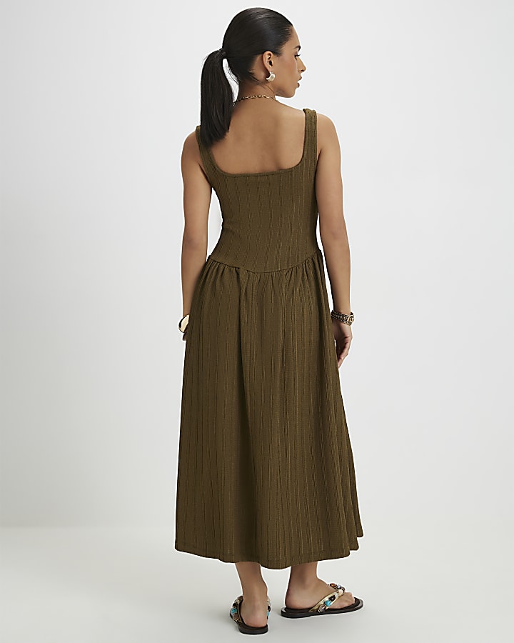Petite Khaki Textured Midi Dress