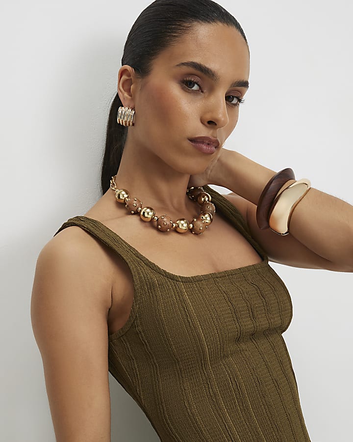 Petite Khaki Textured Midi Dress