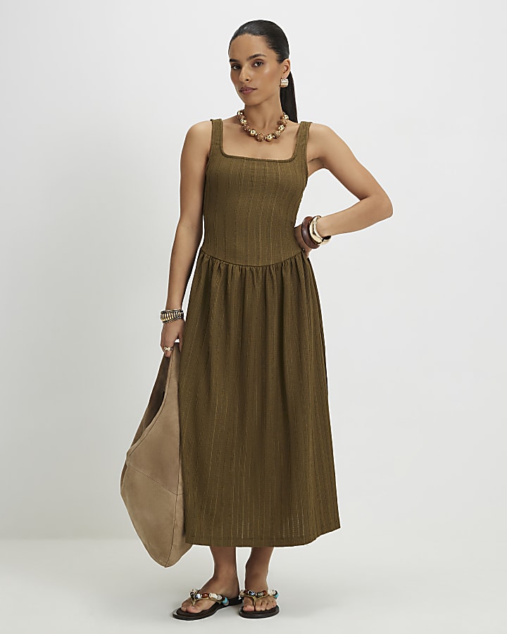 Petite Khaki Textured Midi Dress