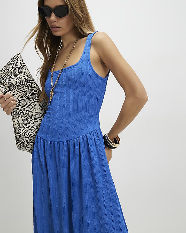Blue Textured Midi Dress