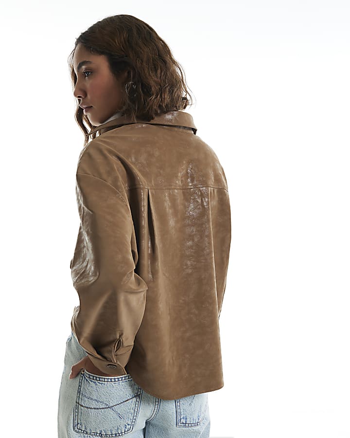 Brown Faux Leather Hammered Twist Front Shirt