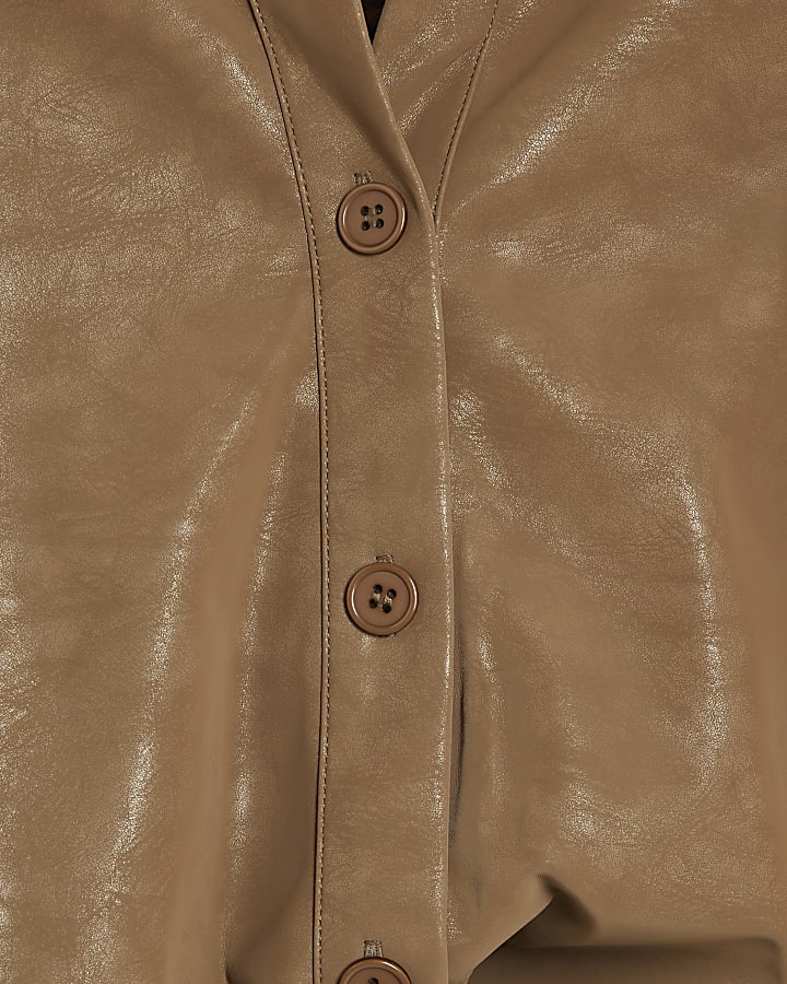 Brown Faux Leather Hammered Twist Front Shirt