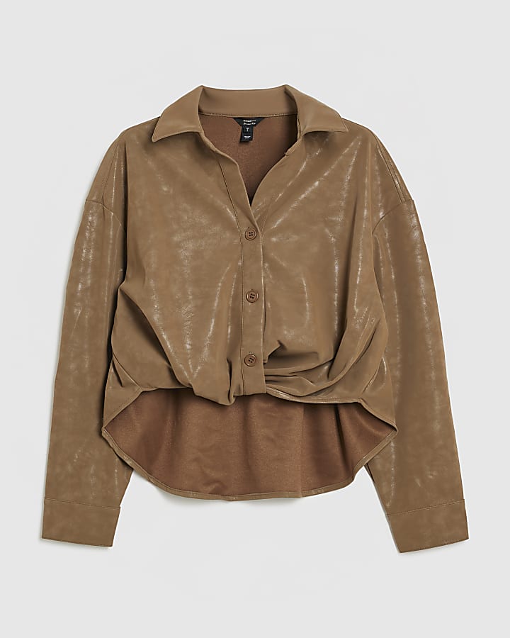 Brown Faux Leather Hammered Twist Front Shirt