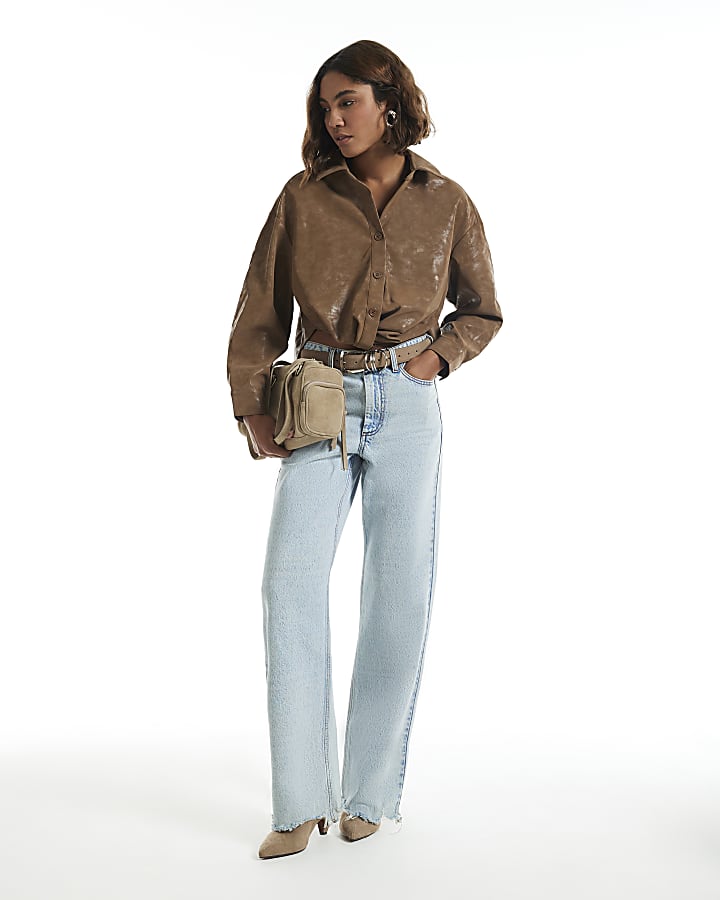 Brown Faux Leather Hammered Twist Front Shirt