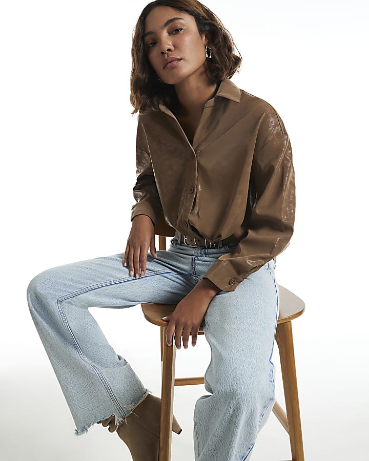 Brown Faux Leather Hammered Twist Front Shirt