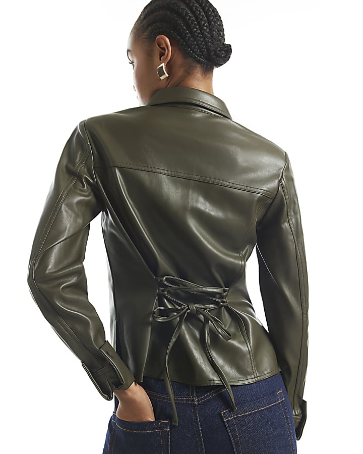 Khaki Faux Leather Fitted Lace Up Shirt