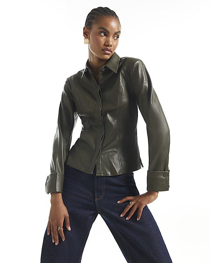 Khaki Faux Leather Fitted Lace Up Shirt