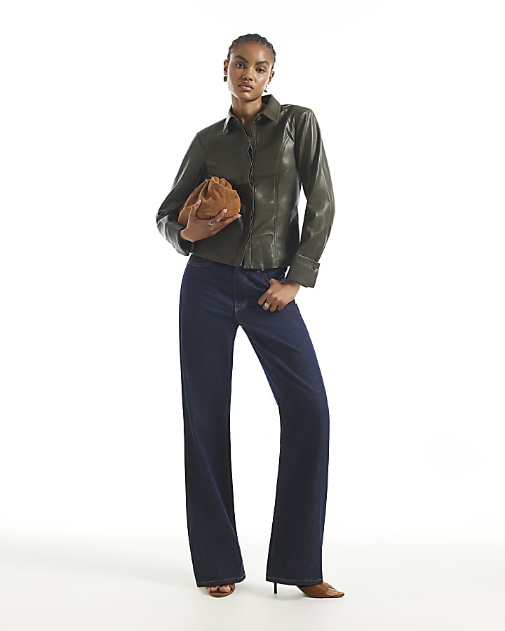 Khaki Faux Leather Fitted Lace Up Shirt