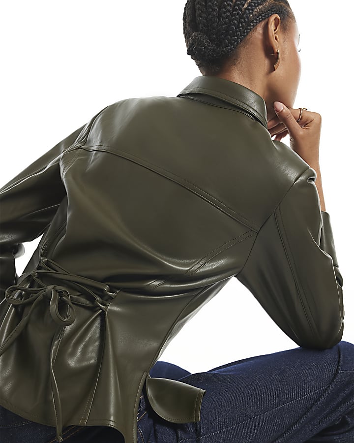Khaki Faux Leather Fitted Lace Up Shirt